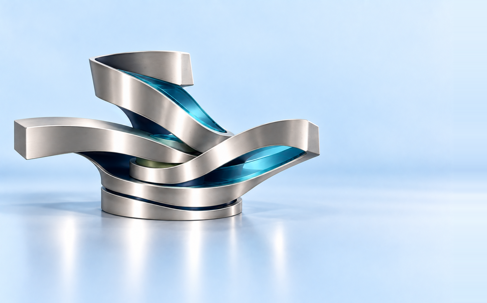 Cyan interfaces connect the same established core and adaptive titanium layers.