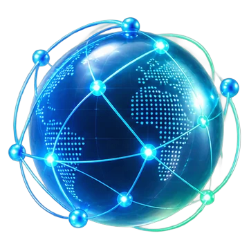 A glass globe traced with a lit network of nodes and orbits.