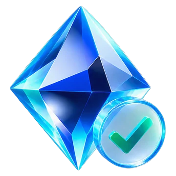A faceted blue crystal beside a glass disc carrying a green tick.