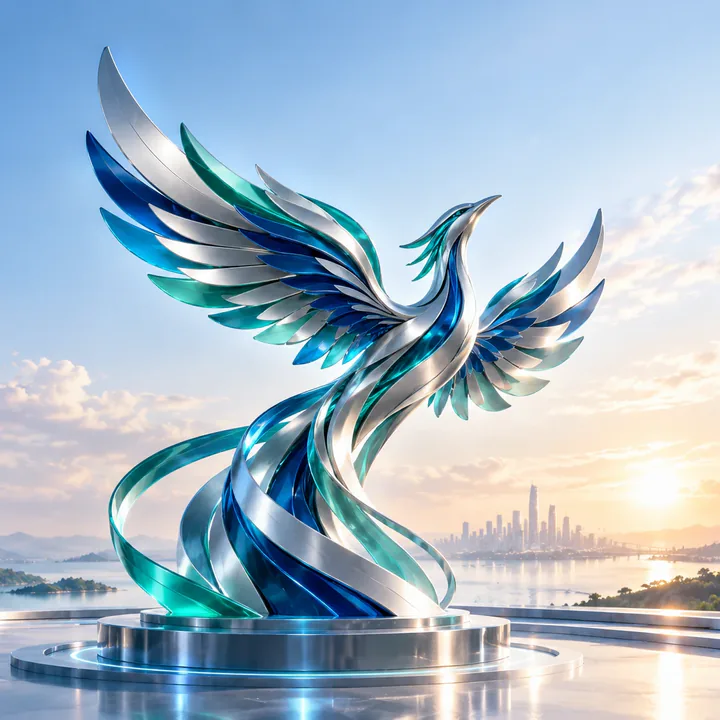 SIURU's firebird: a sculpture in brushed silver and blue-green glass rising from a circular plinth, wings open, above water at sunrise.